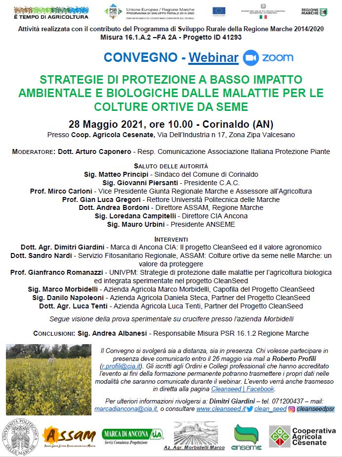 28/05/2021: Convegno-Webinar "Strategie di protezione a basso impatto ambientale e biologiche dalle malattie per le colture ortive da seme"